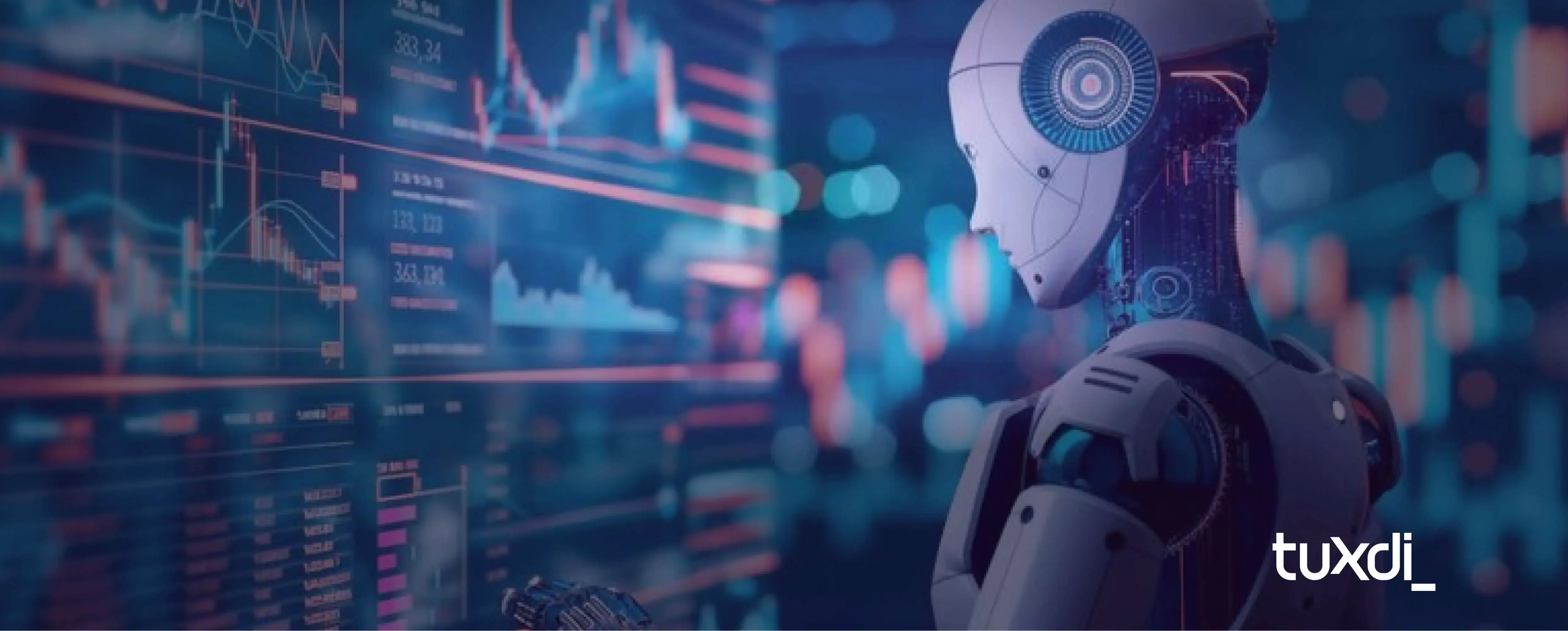 Humanoid robot analyzing digital data and charts on a screen, representing artificial intelligence and automation. Blue background with Tuxdi logo.