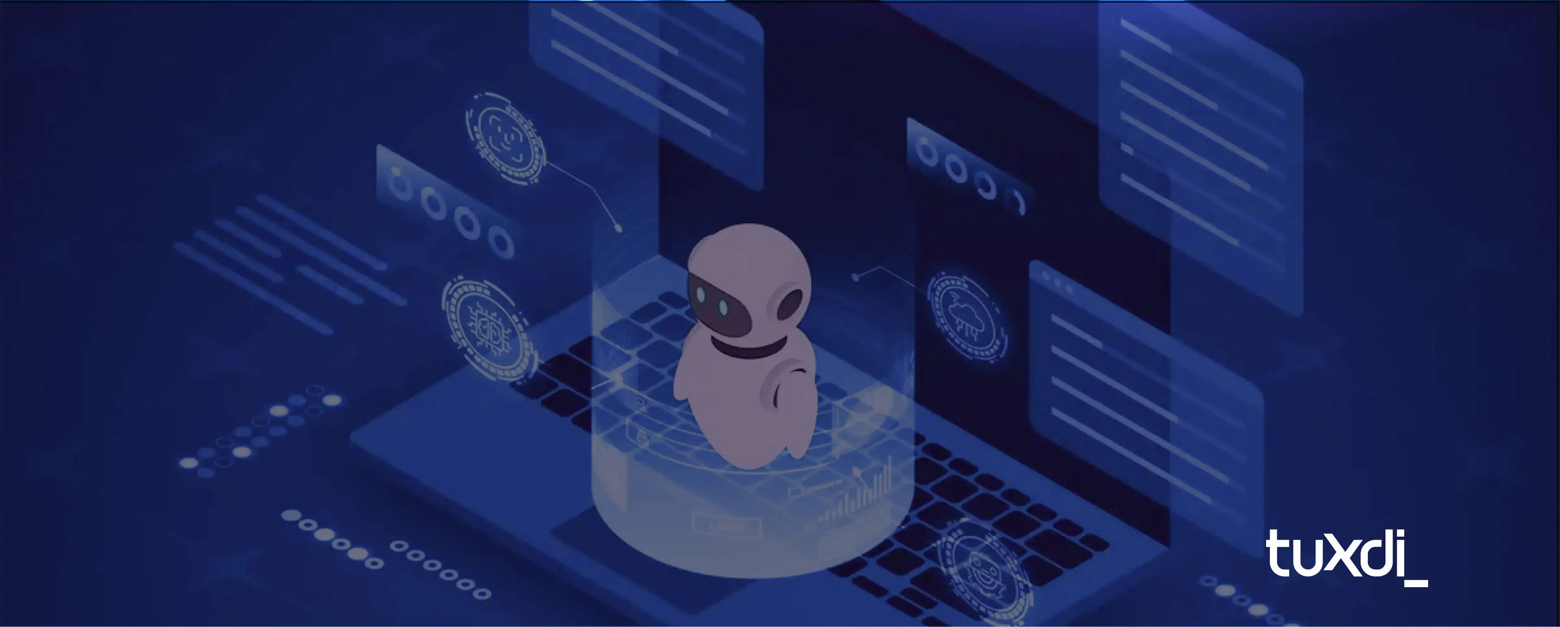 Digital illustration of a virtual assistant floating above a laptop, surrounded by holographic interfaces and data. Blue background with Tuxdi logo.